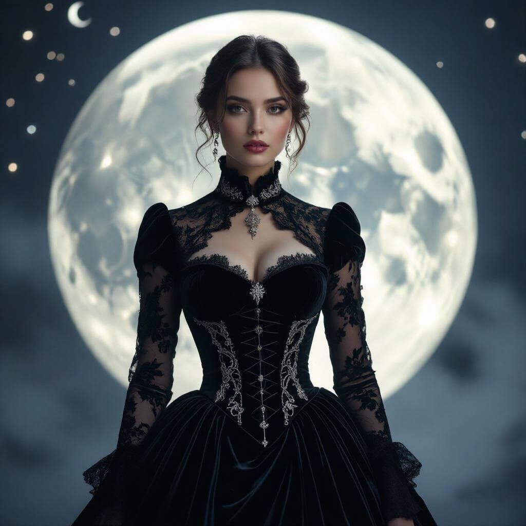 Gothic Celestial Model in Moonlit Victorian Gown