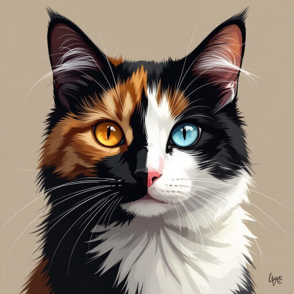 Split-Face Kitten Portrait in Illustrative Style
