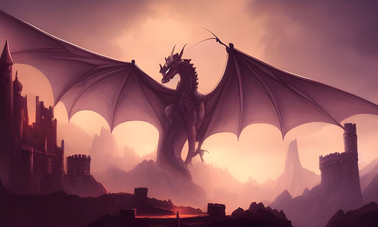 Dragon Over Medieval Castle Ruins at Night
