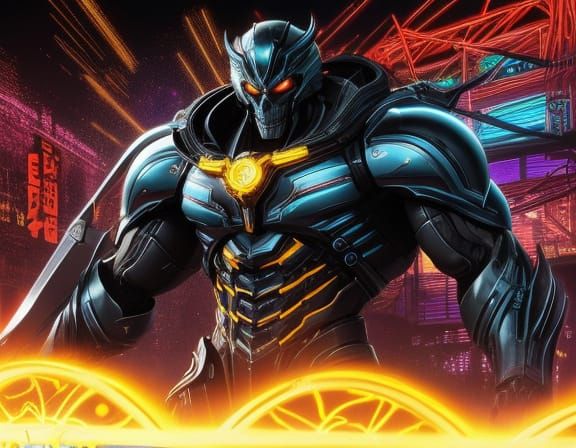 Futuristic Manga Cyborg in Neon Cityscape