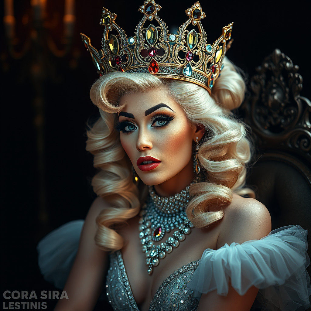 Blonde Drag Queen with Ornate Crown, Hyperrealistic Photo