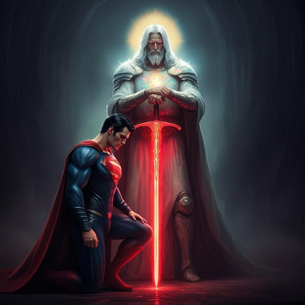 Superman Kneels in Reverence Before a Warrior Jesus in Opal...