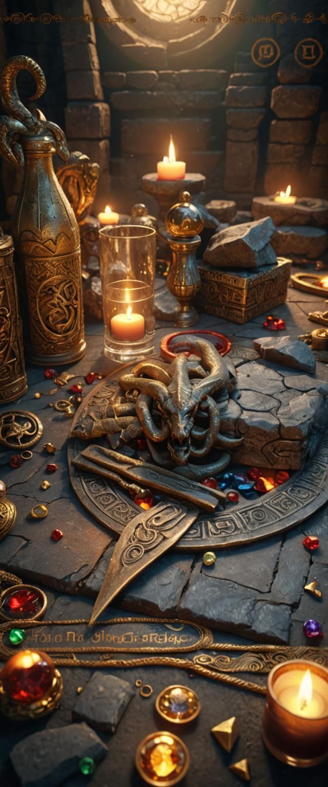 Mystical Altar with Satanic Tools in Golden Light