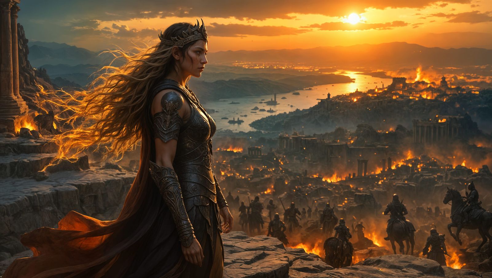 Ancient Greek Temple Under Siege in Moonlit Battle Scene