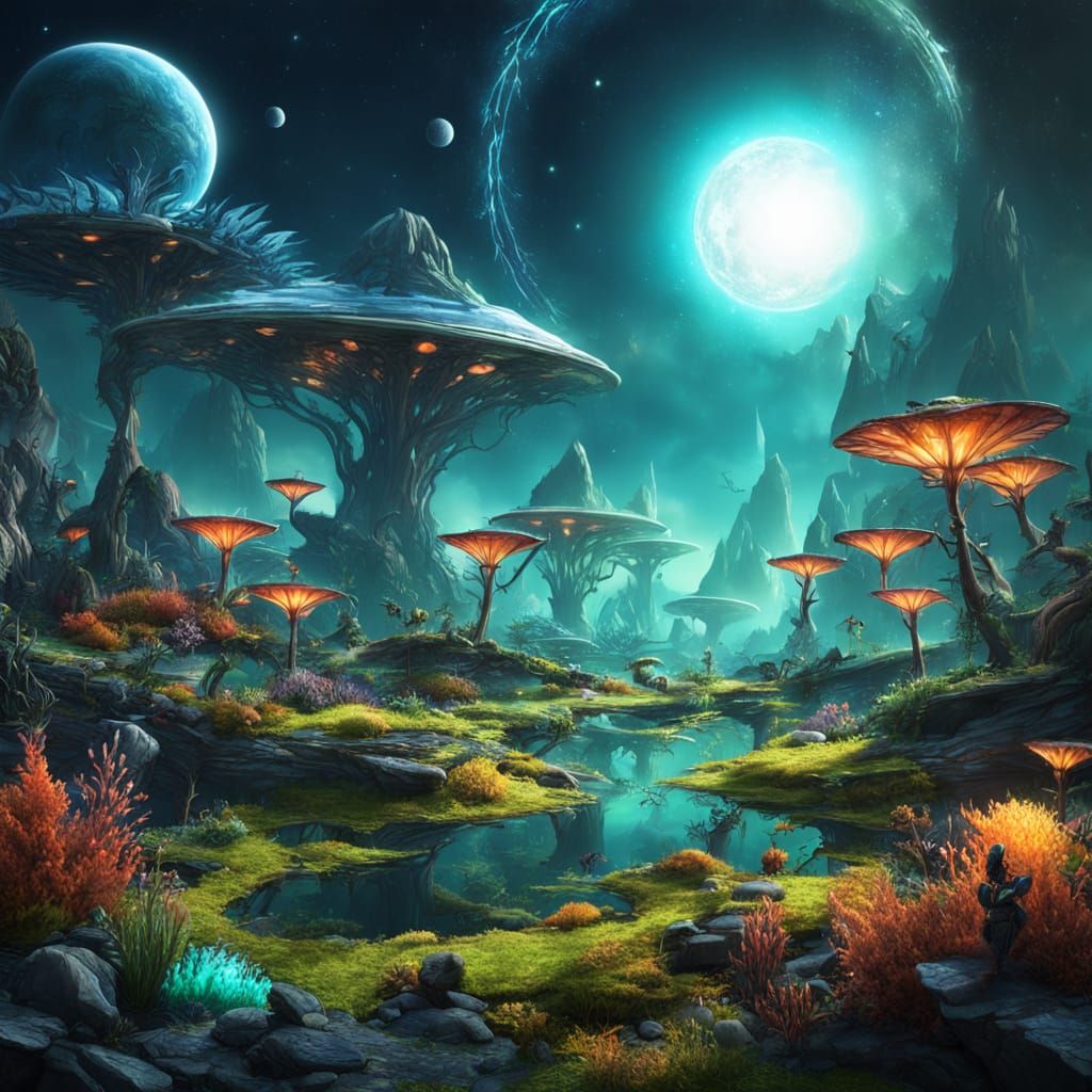 Exotic Alien Planet with Bioluminescent Flora