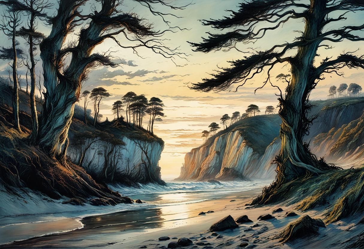 Mysterious Chalk Coast Landscape in Soft Evening Light