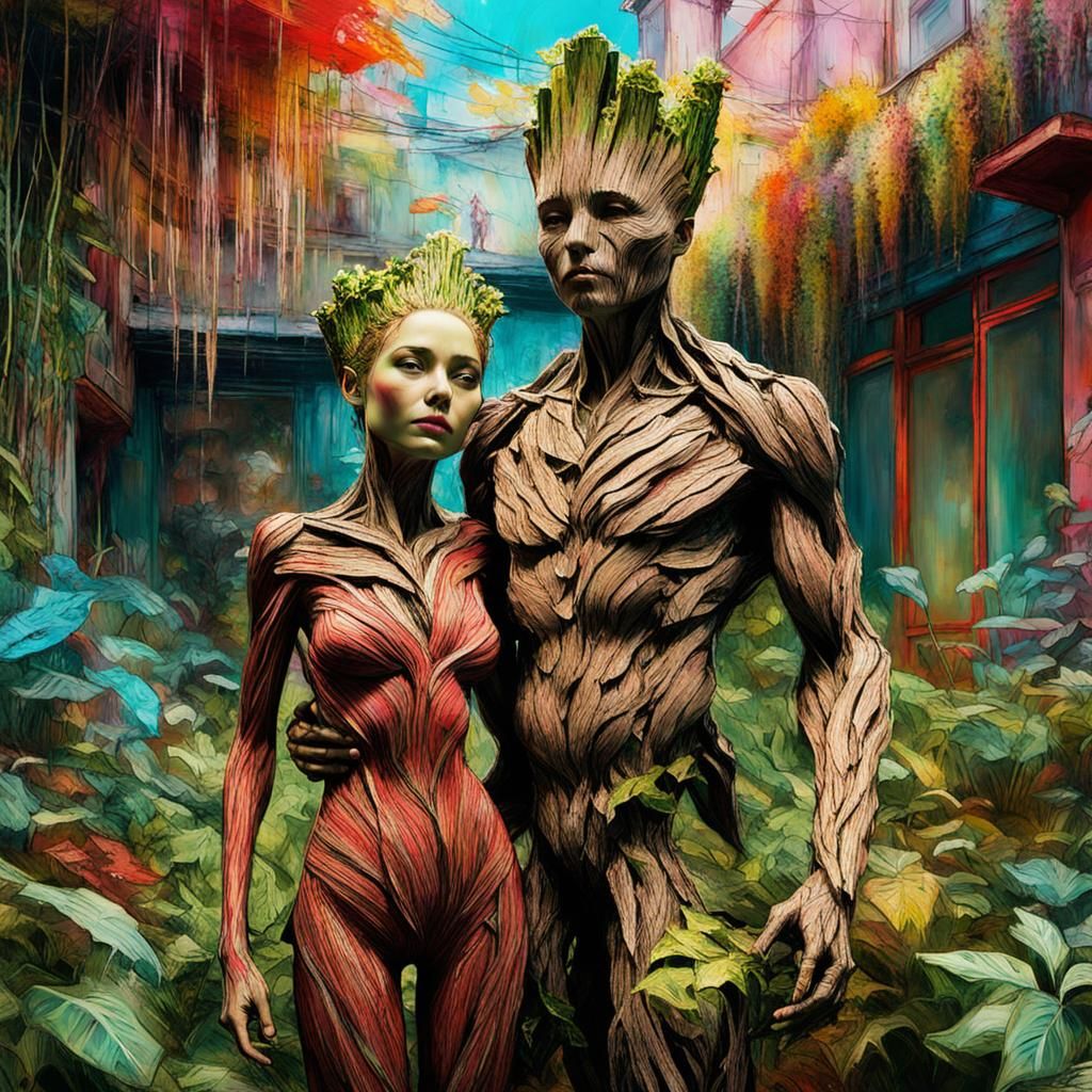 Groot and Salomé in Urban Jungle, 3D Render