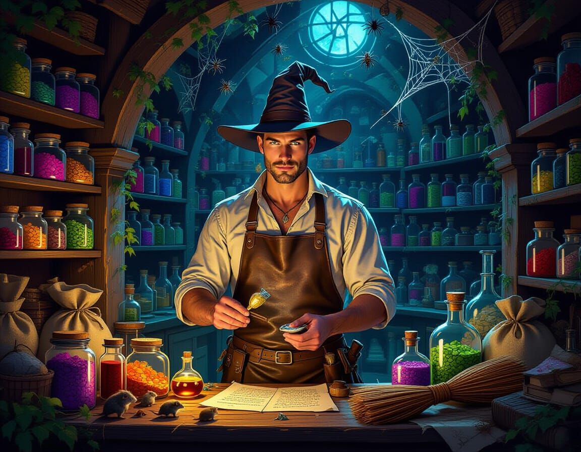 Male Witch Apothecary Store with Magical Ingredients