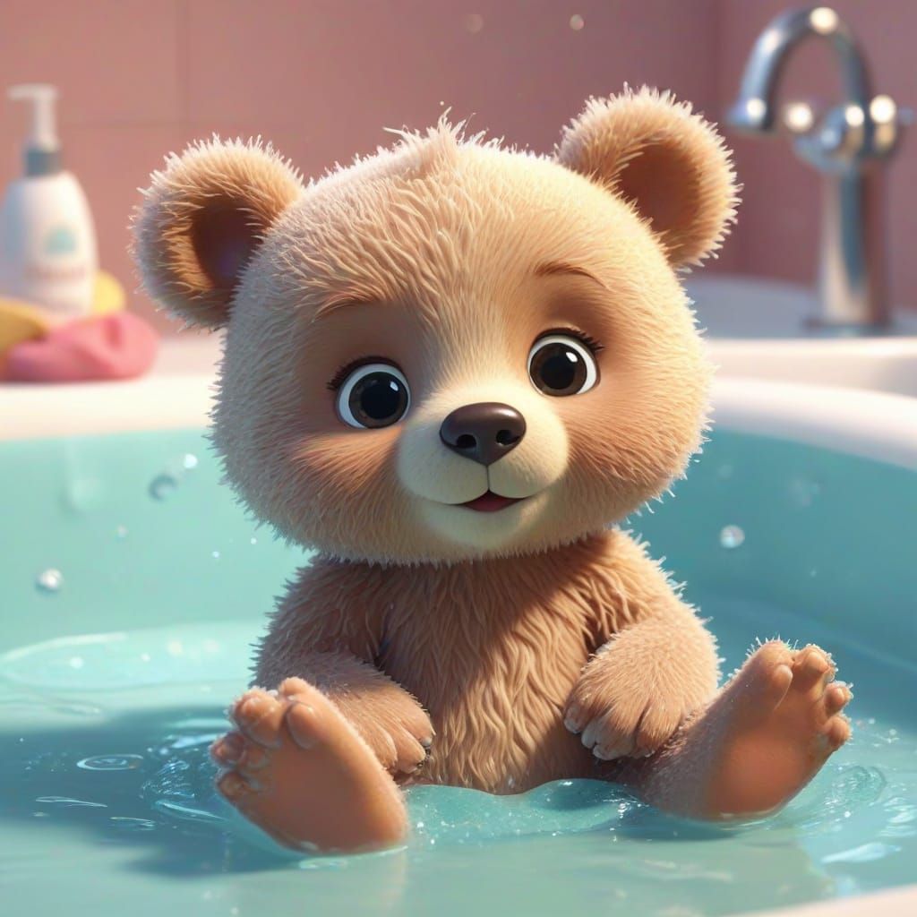 Baby Bear in Bubble Bath: 3D Cartoon Rendering