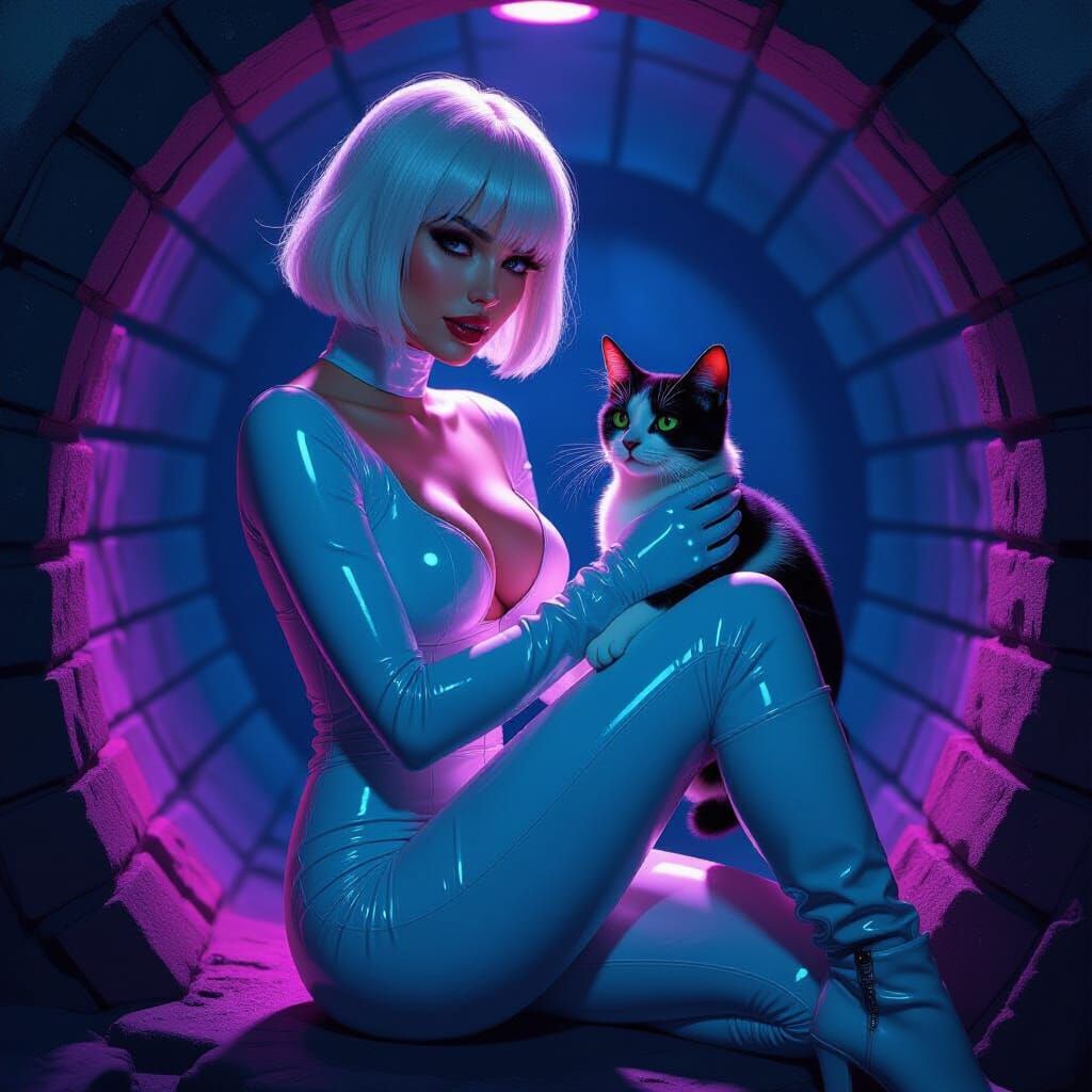 Woman in Latex Jumpsuit with Cat in Cellar