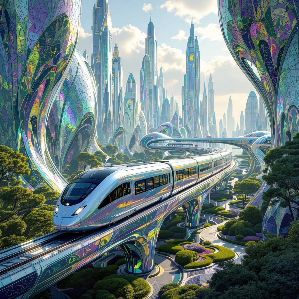 Futuristic Cityscape in Iridescent Style