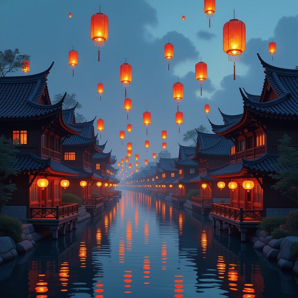 Riverside Village Aglow with Floating Lanterns