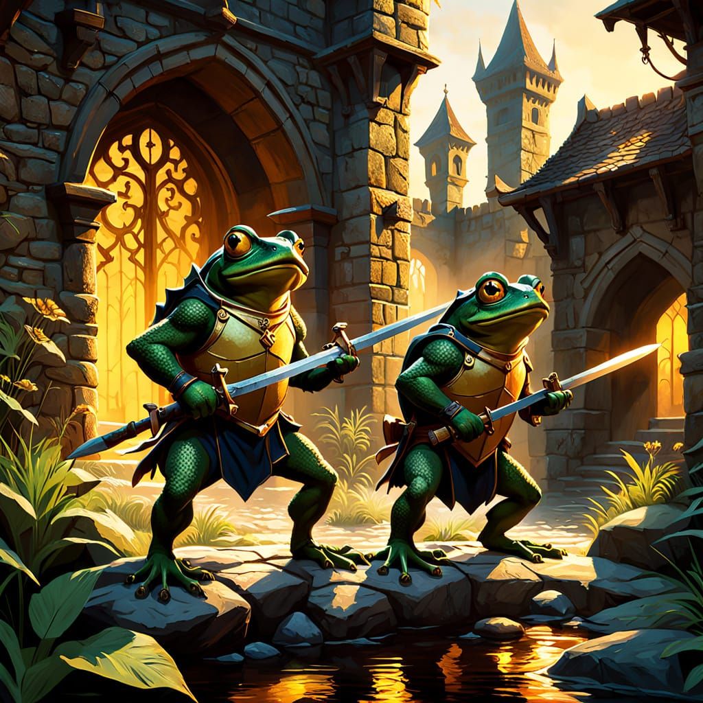 Brave Frogs Stand Heroically in Sunset Stone Courtyard