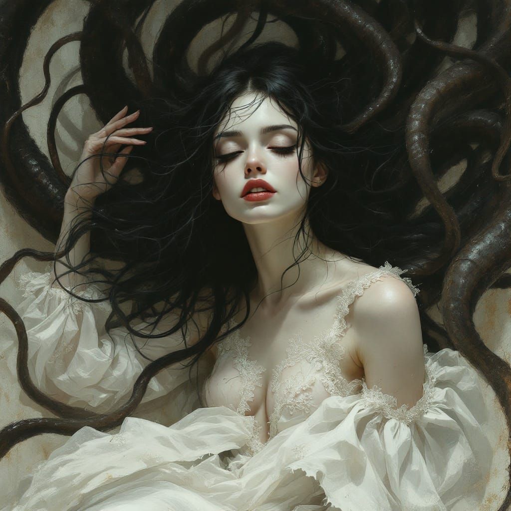 A Woman in White Ensnared by Dark, Sinuous Tentacles