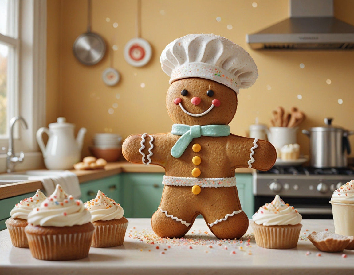 Ginger the Gingerbread Man in a Whimsical Pastel Kitchen