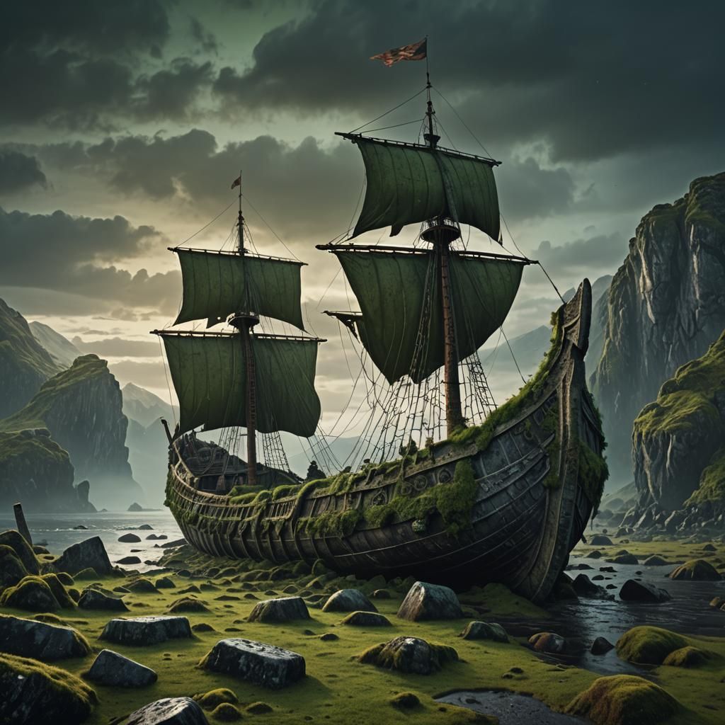 Moss-Covered Stone Viking Ship at Dusk