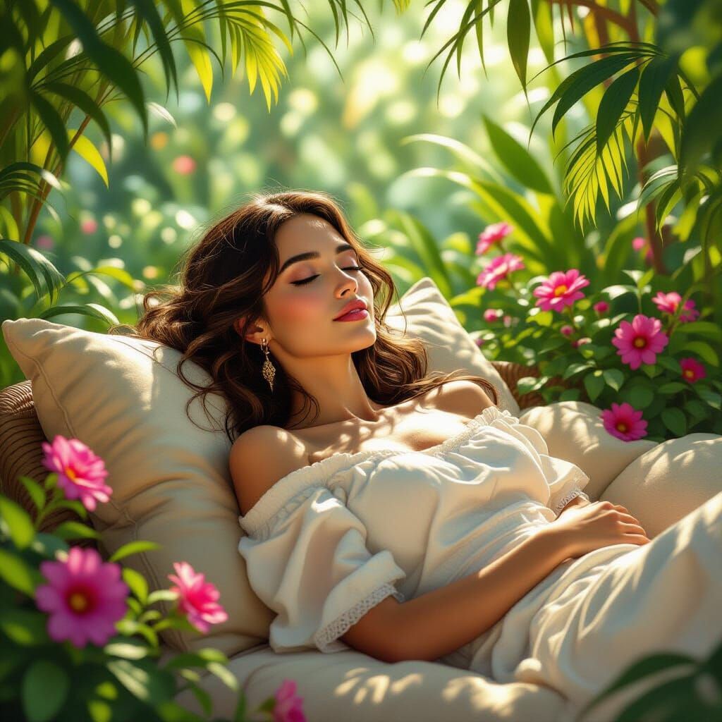 Serene Woman Relaxing in a Lush Oasis