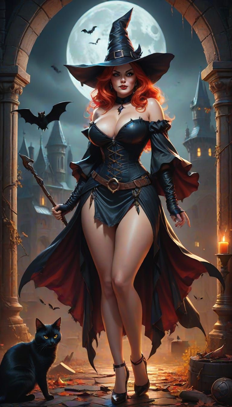 Plus-Size Pin-Up Witch in Gothic Tower Splash Art
