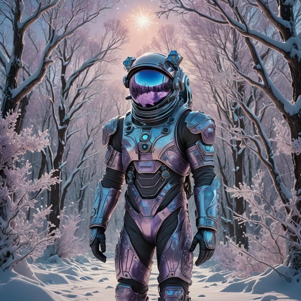 Astronaut in Frozen Wilderness with Stained Glass Mask