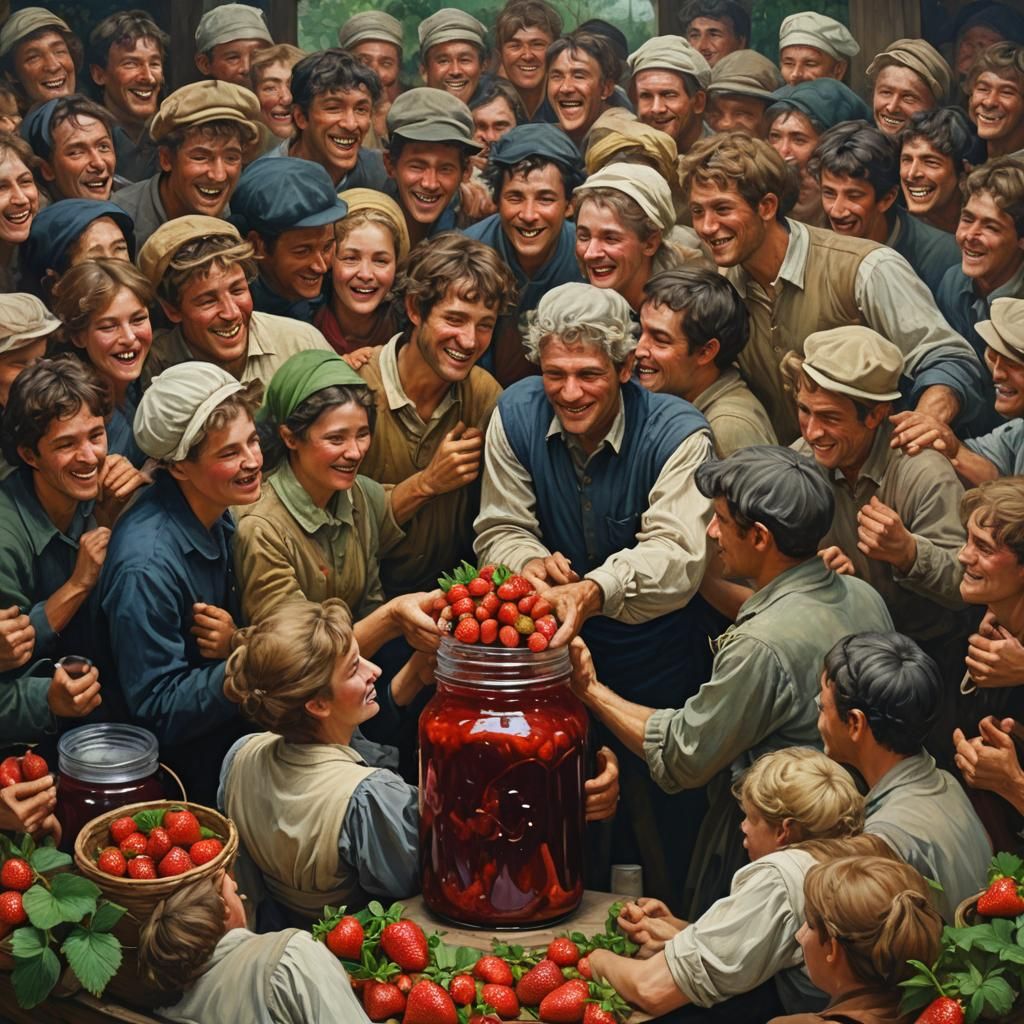 Strawberry Jam Jar with Embracing People, Oil Painting