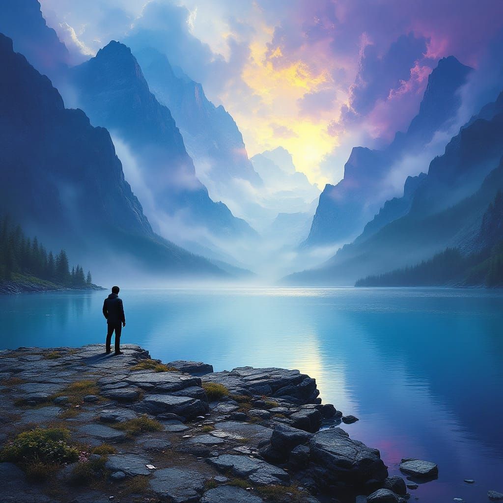 Dreamlike Lakeside Scene with Mountains