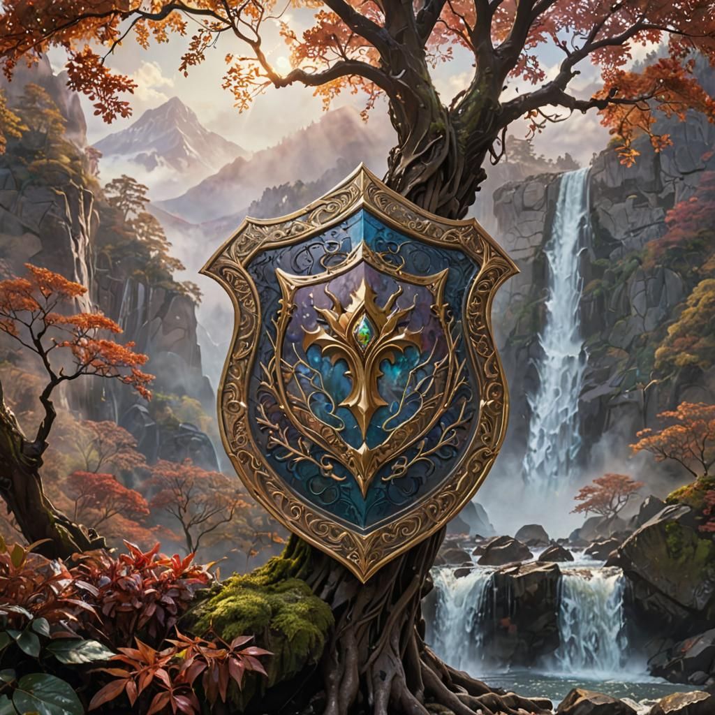 Aegis Shield at Mountain Waterfall in Oil Painting Style