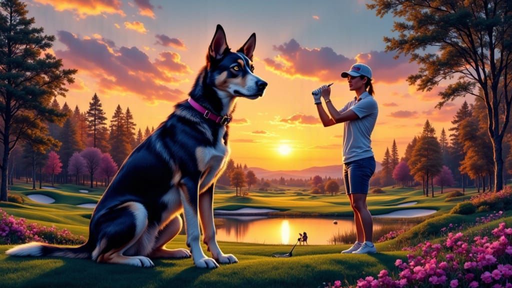 Dog and Owner at Surreal Neon Golf Tournament