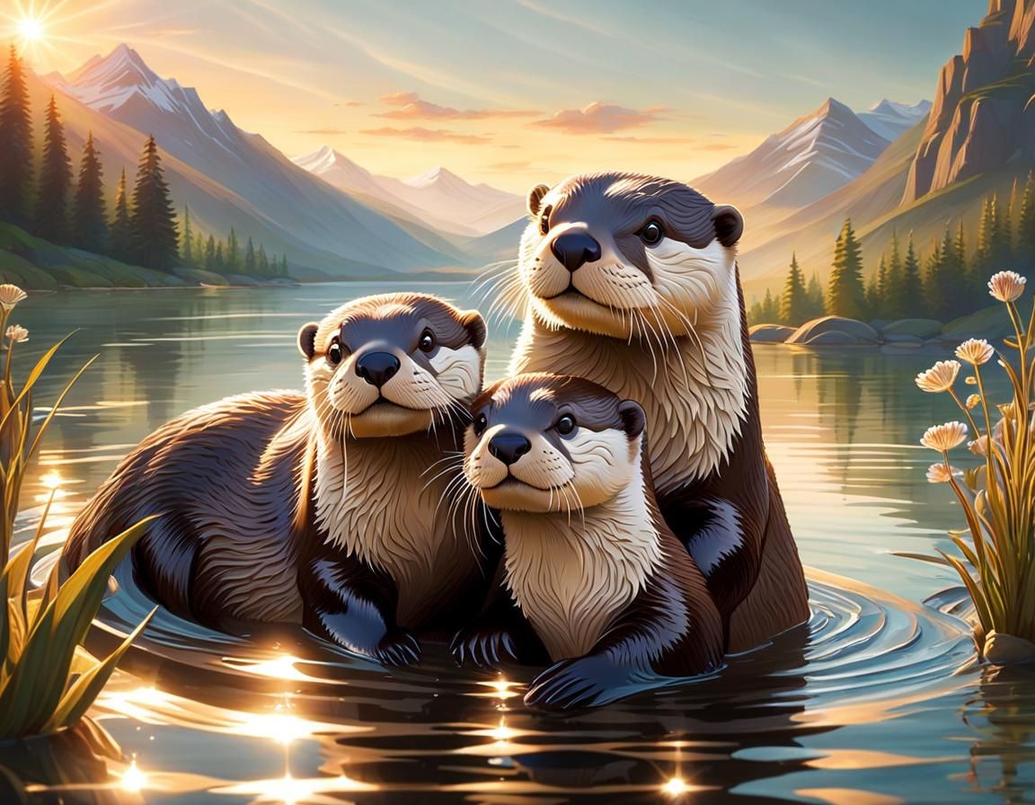 Otter Family Swimming at Magic Hour