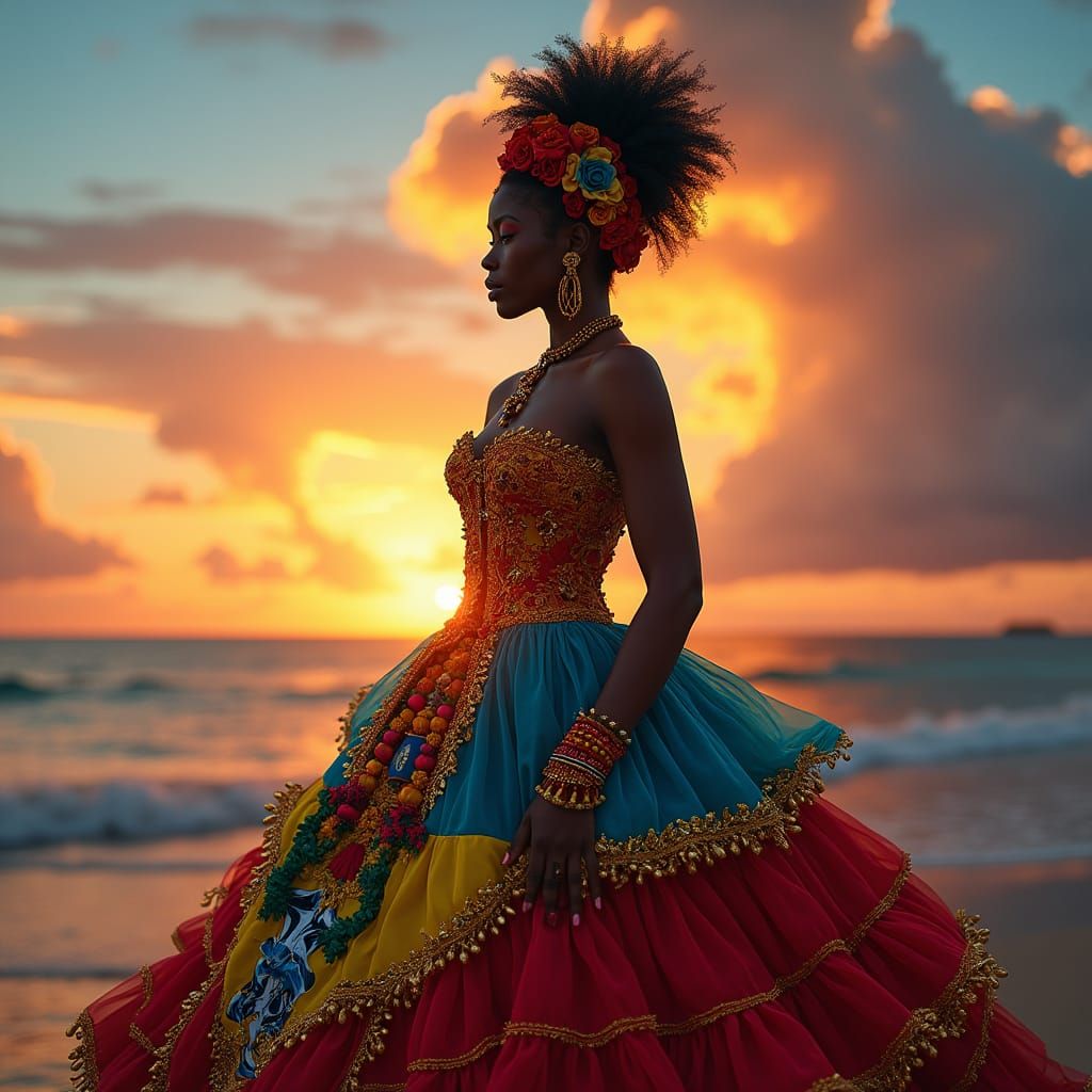 Antigua Flag Gown on Black Woman at Sunset