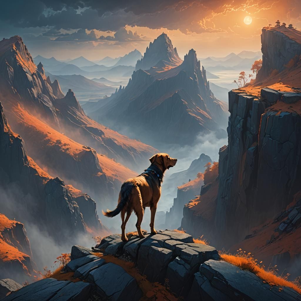 Majestic Mountain Vista with Dog, Beksiński Style