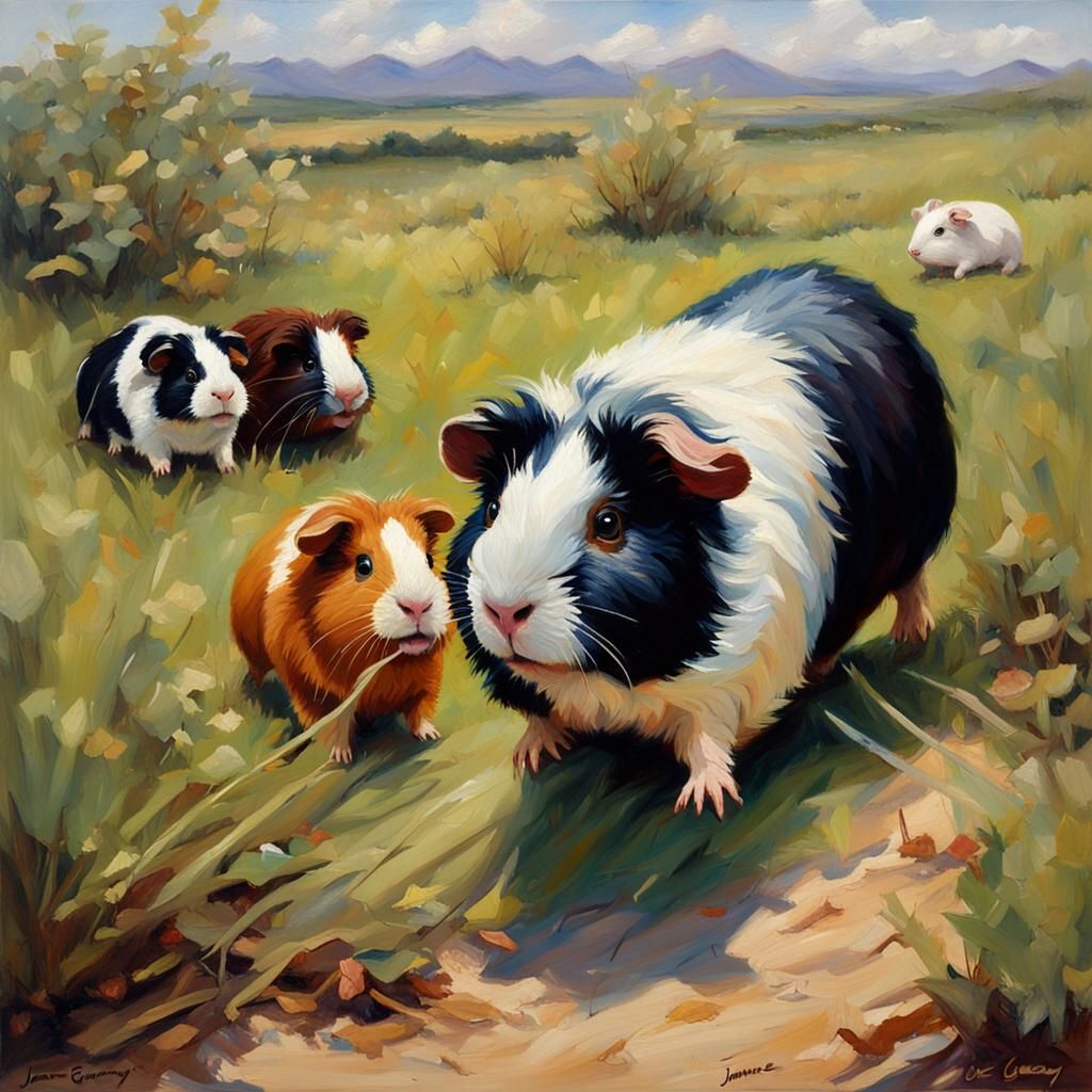 Guinea Pigs Running Wild as Oil Painting
