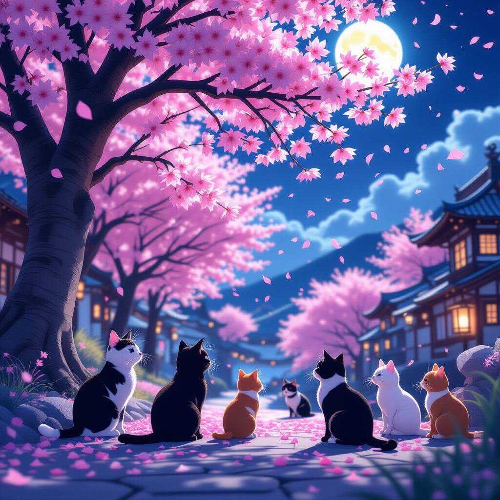Cats Under Cherry Blossoms in Moonlight - 3D Anime Style