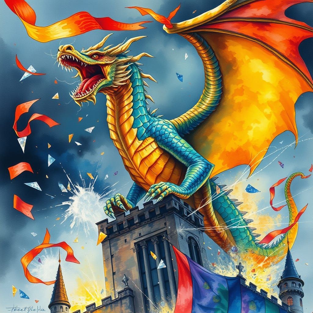 Majestic Dragon atop Castle in Vibrant Watercolor Style