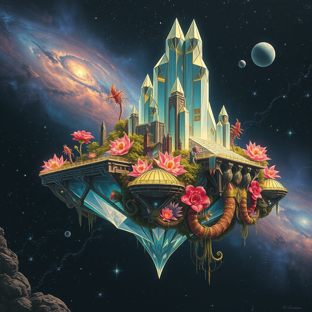 Sentient Crystal City in Cosmic Surrealism Style
