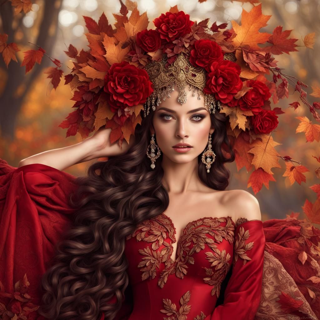 Elegant Woman with Floral Headdress in Enchanted Garden