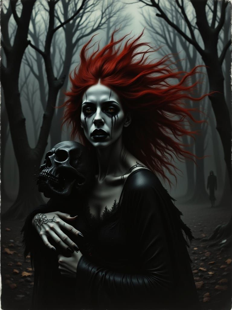 Witch Dancing in Dark Post-Apocalyptic Forest