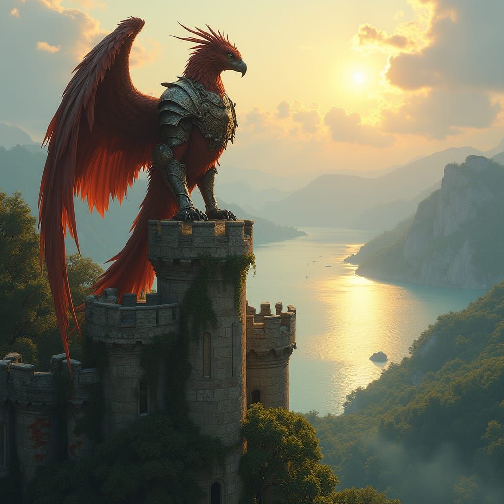 Griffin in Armor on Castle Overlooking Lake