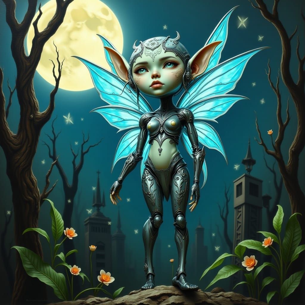Cybernetic Fairy Elf in Futuristic Moonlit Forest