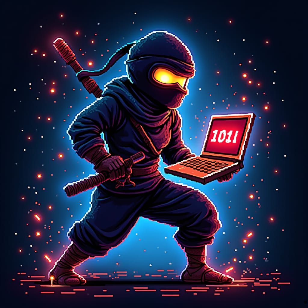 Pixel Art Ninja with Neon Binary Code Notebook
