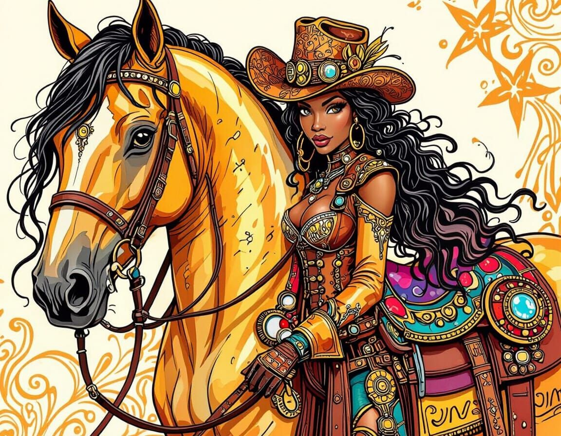 A Black Woman Steampunk Cowgirl, with a beautiful Palomino h...