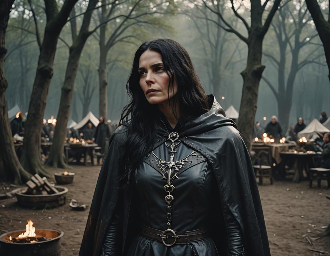 Woman in Gothic Suit in Medieval Camp, Cinematic Film Still
