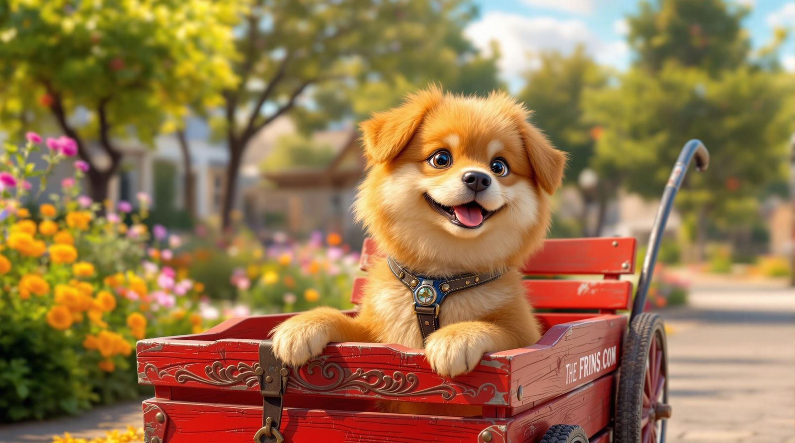 Joyful CGI Dog in a Vintage Red Wagon