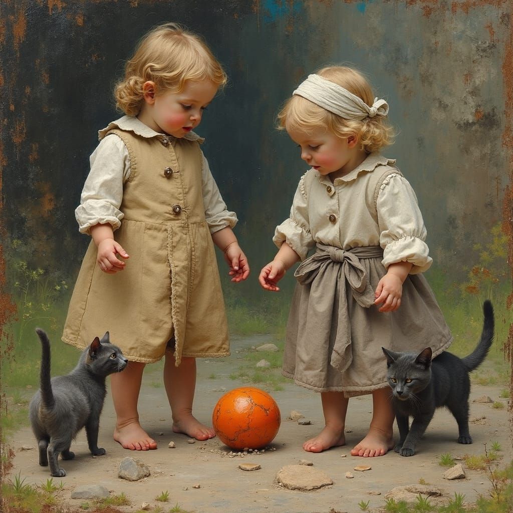 Idyllic Village Children Play with Ball in Whimsical 19th Ce...