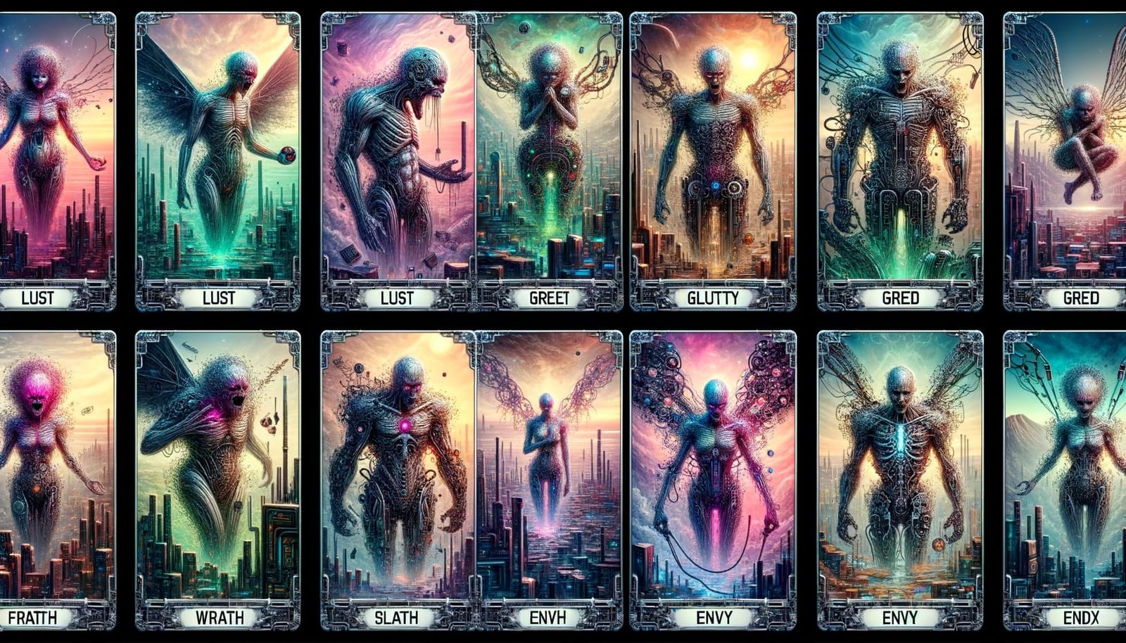 Cybernetic Tarot Cards of the Seven Deadly Sins