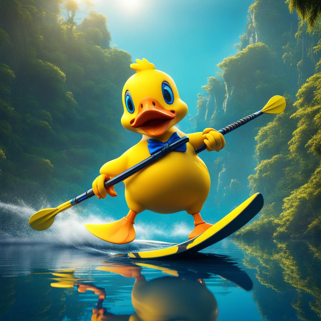 Yellow Duck Waterskiing on a Jungle Lake