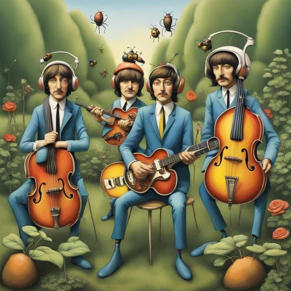 The Beatles as Beetles in Surreal Garden
