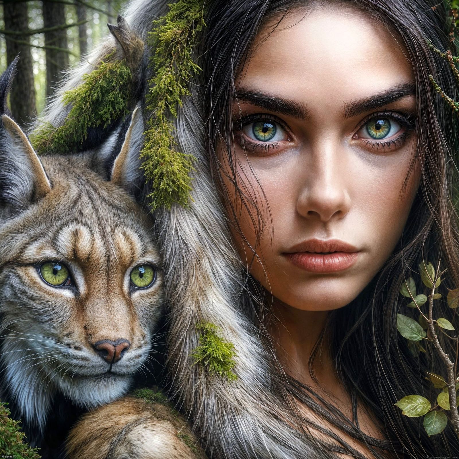 Wild Forest Woman with Lynx, in Oil Painting Style