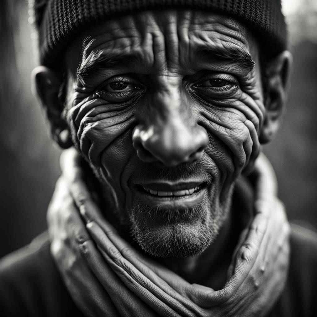 A very sad man, eyes brimming with tears, but he smiles, trying to hide his sadness, detailed, epic
