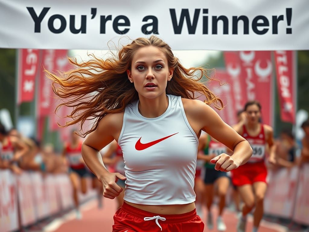 Athletic Woman Crosses Marathon Finish Line in Triumph