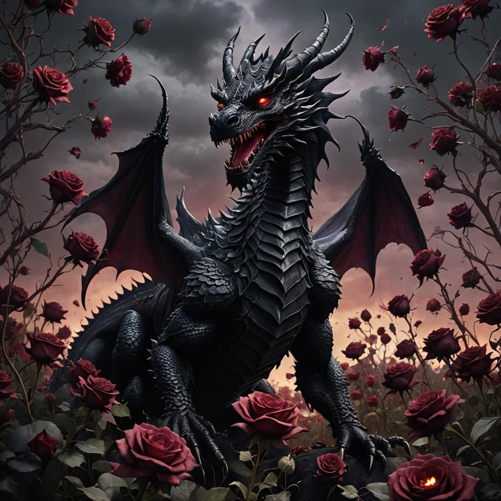 Ferocious Dragon in Black Rose Field: Matte Painting